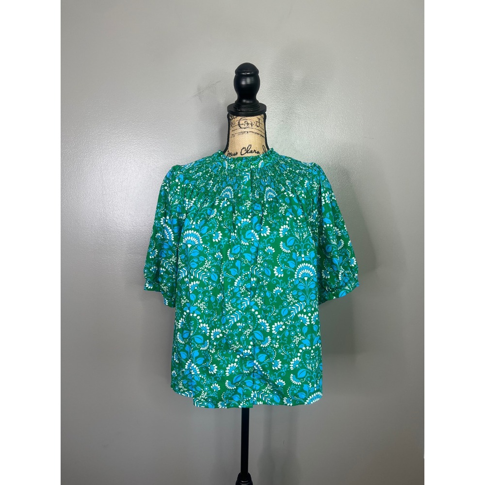 Sugarlips Womens XL Green Blue Floral Smocked Blouse cottage core boho - Picture 3 of 10